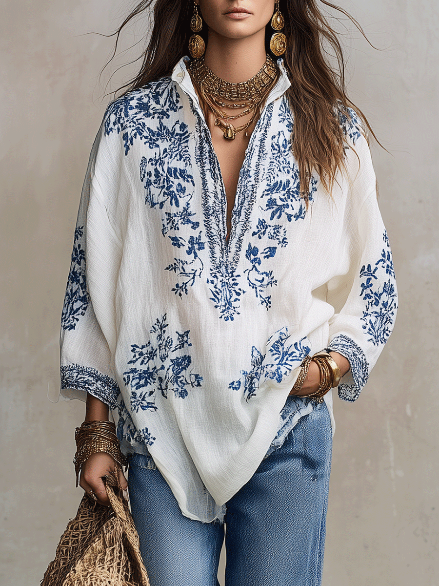 Retro Blue Printed Bohemian Style Shirt And Denim Set