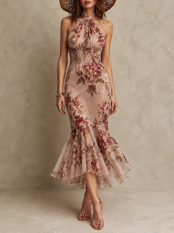 Vestido Longo Estampado Chiffon Gola Alta Retrô com Cintura Franzida e Cauda de Sereia