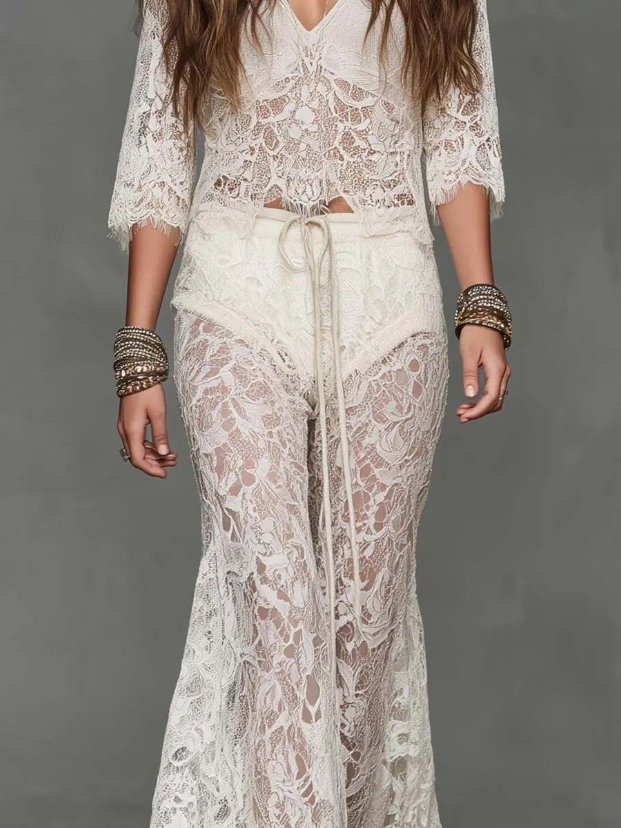 Ensemble deux pièces bohème top en dentelle florale transparente col en V et pantalon évasé à cordon de serrage