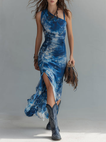 Vestido Maxi Tie-Dye de Um Ombro com Fenda Drapeada