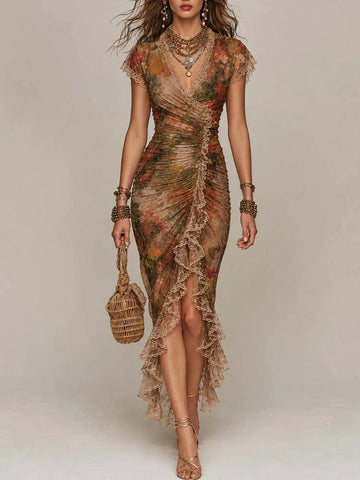 Vestido Midi de Tule com Renda Floral Vintage