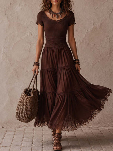 Vestido Midi de Chiffon de Malha com Renda Retrô