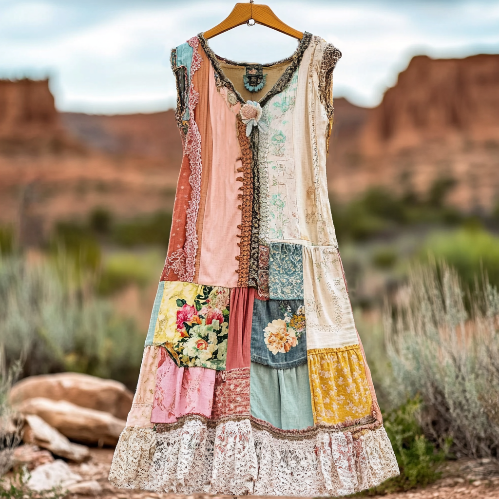 Vestido Confortável Feminino com Renda Floral Vintage