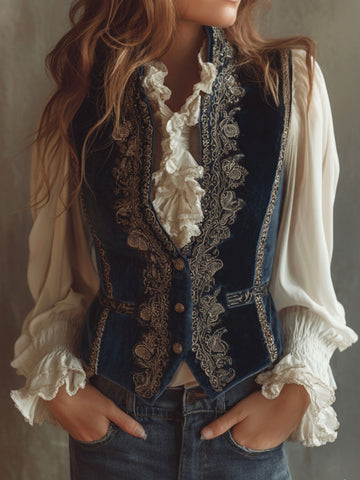 Gilet Brodé Velours Bleu Marine Baroque Vintage