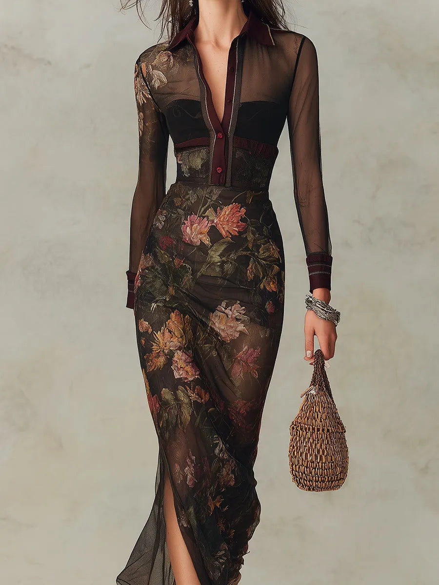 Robe longue en maille droite à fentes latérales imprimé peinture à l'huile vintage