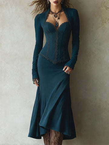 Vestido Midi de Corset com Decote Coração, Renda e Cauda de Sereia Boho
