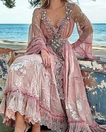 Vestido Floral Bordado de Renda com Babados e Patchwork de Verão bf67