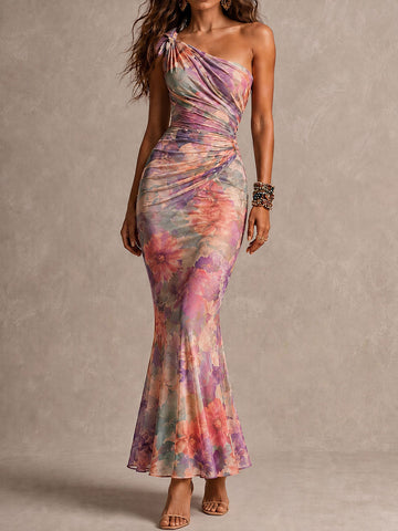 Vestido Sereia Plissado com Um Ombro só Boho Romântico Estampado Floral