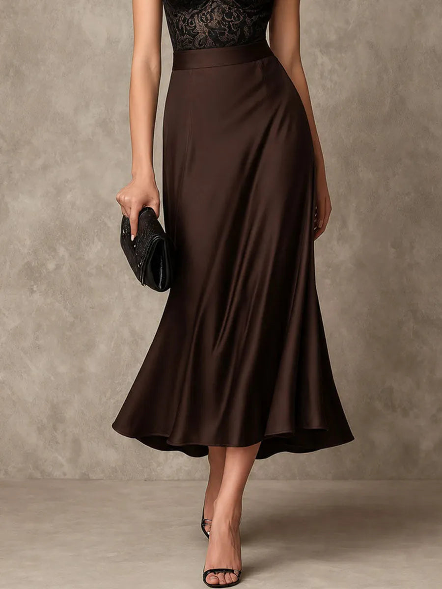 Vestido Midi Halter de Cetim e Renda Marrom Chocolate Retrô Elegante