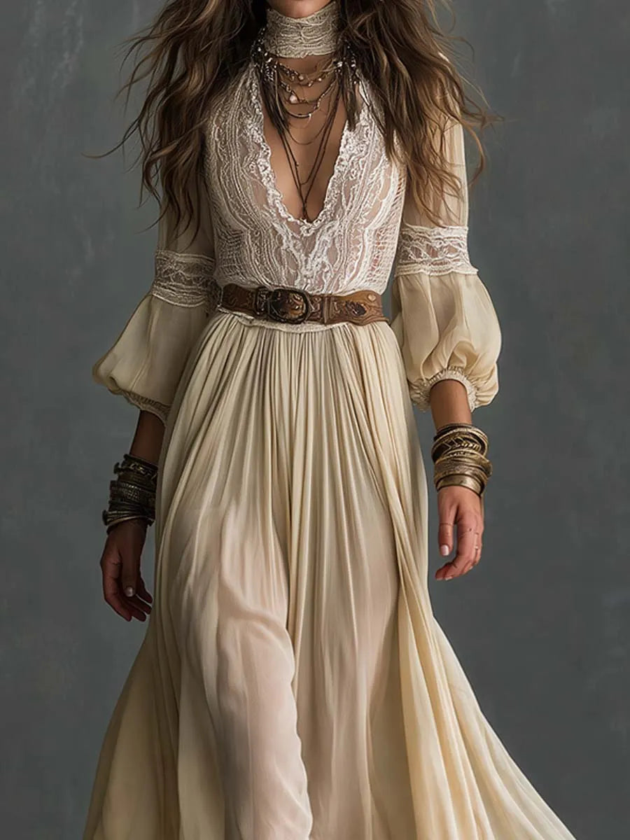 Robe longue bohème en dentelle, col V plongeant et manches bouffantes