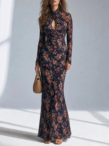 Vestido Longo Sereia Elegante Estampado Justo com Decote Transpassado