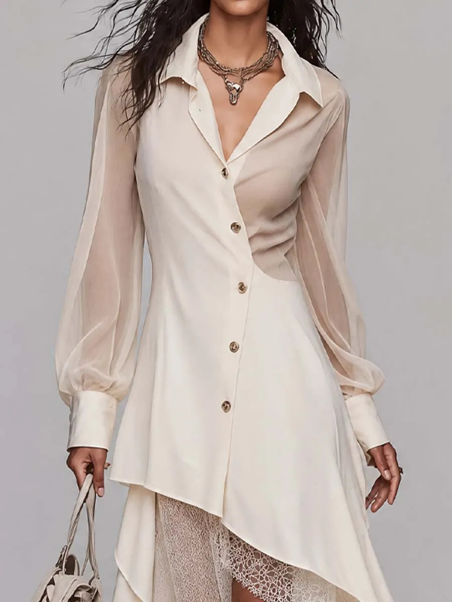 Robe Chemise Midi Élégante à Col Revers, Manches Bouffantes Transparentes, Boutonnée sur le Devant, Couche de Dentelle, Ourlet Asymétrique