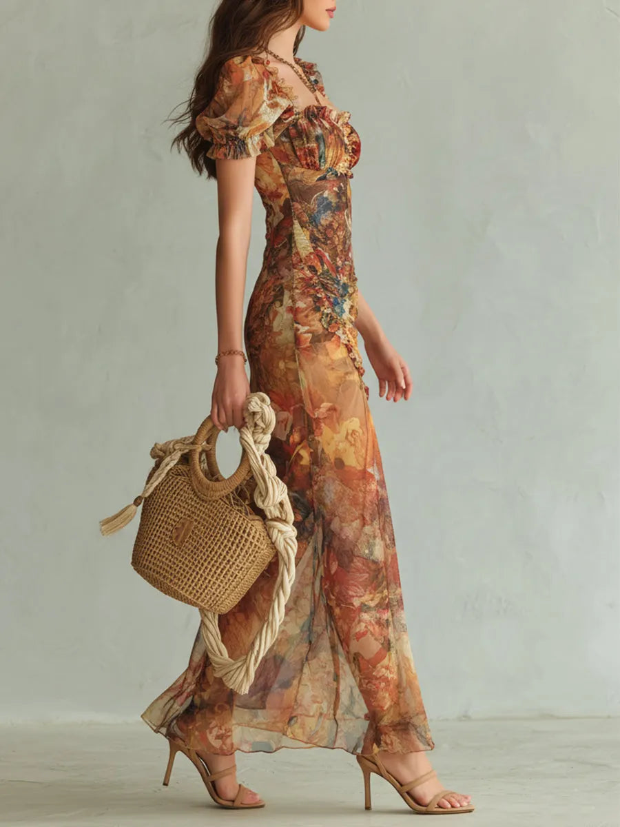 Robe longue en mousseline de soie imprimée avec peinture à l'huile style bohème pour les vacances