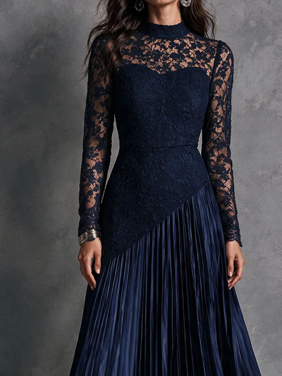 Élégante Robe Longue de Soirée en Satin Plissé, à Col Montant et Broderie Dentelle