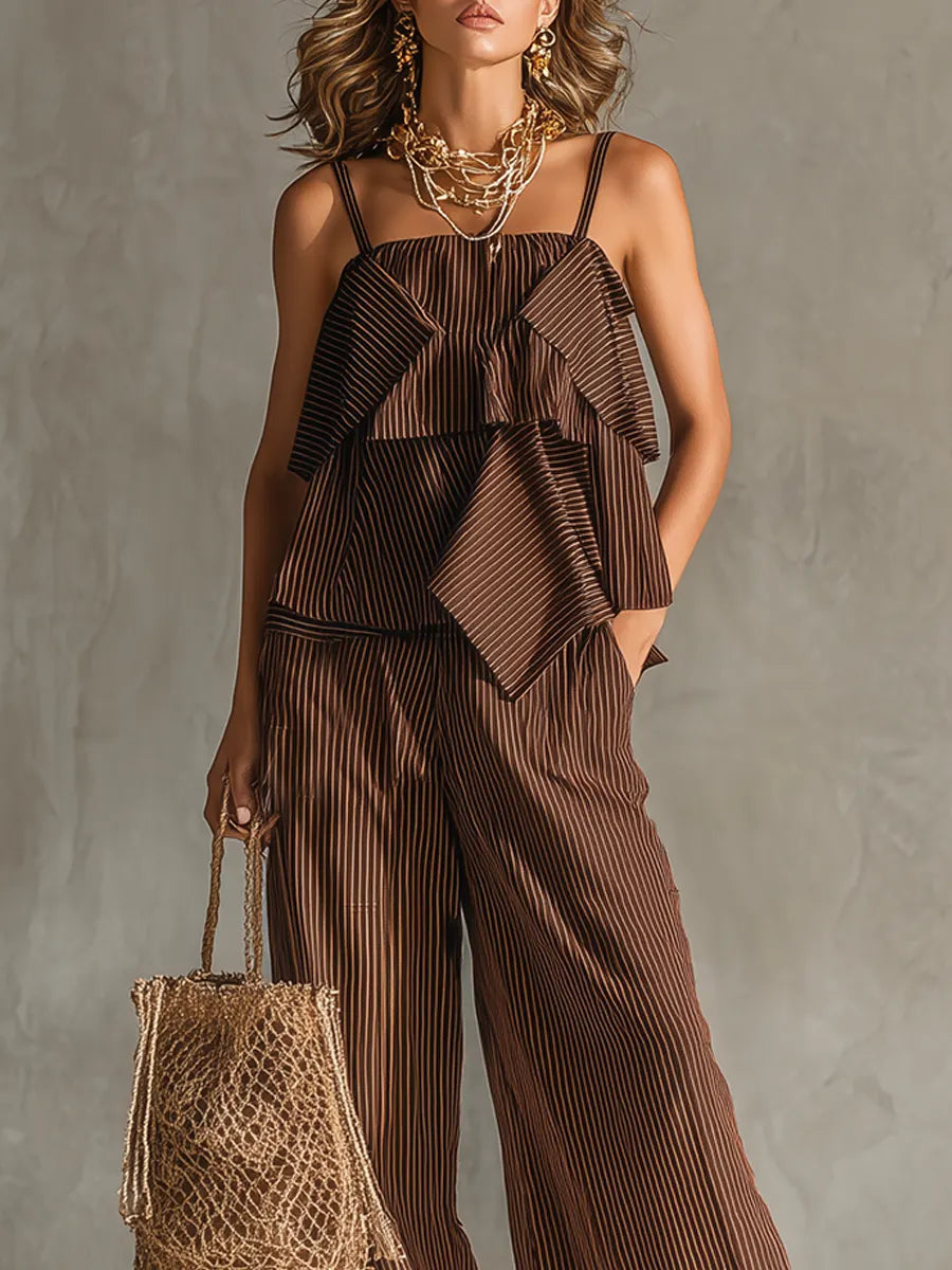 Costume pantalon large à bretelles rayé marron foncé bohème