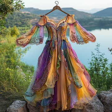 Vestido de verão com retalhos de renda irregular e babados ec9c