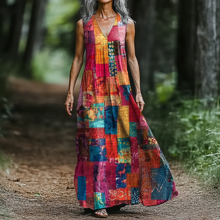 Vestido Regata Feminino com Estampa Patchwork Colorida e Decote V Arte 03a8