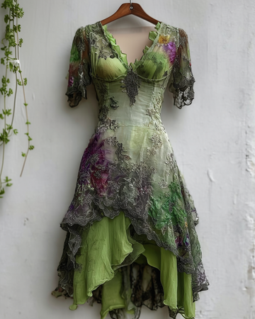 Vestido de Renda Elegante Verde e Roxo 92a4