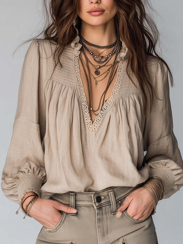 Blusa de Algodão e Linho Vintage com Gola Plissada e Renda