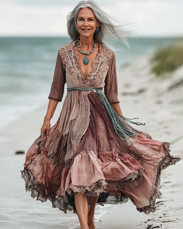 Vestido de Linho Bege com Contas Turquesa para Férias de Verão à Beira-Mar e591
