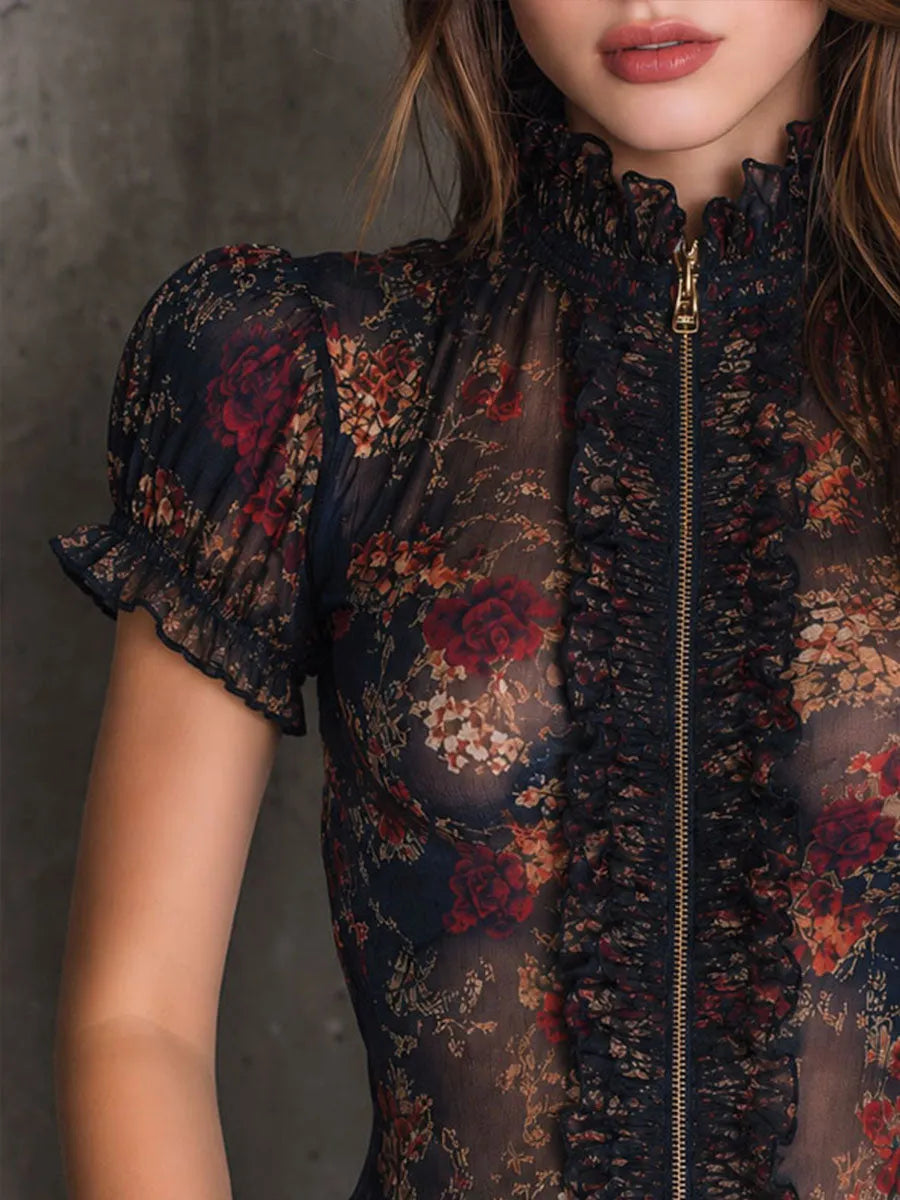 Chemisier gothique vintage zippé en dentelle transparente à motif floral, avec haut col montant à volants