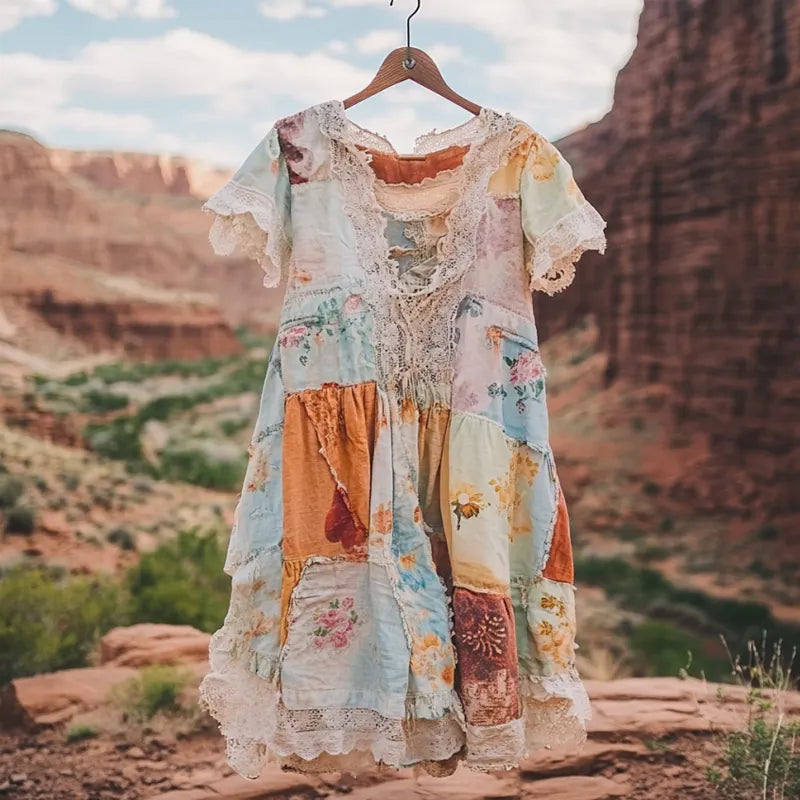 Vestido Feminino Confortável Vintage Floral com Renda 7748