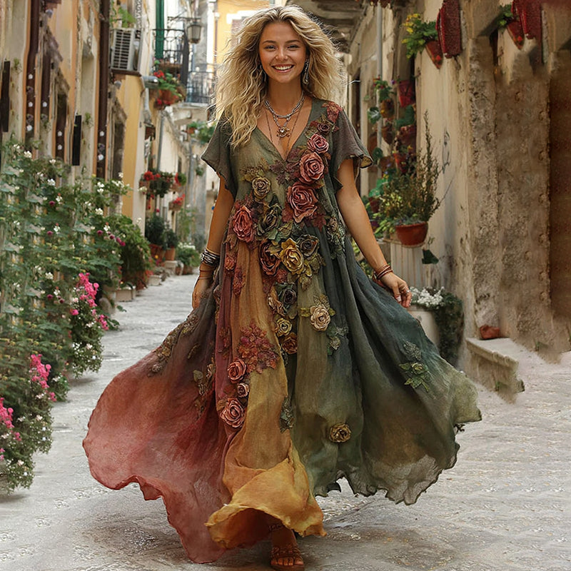 Vestido longo de linho com decote em V, estampa floral e rosa vintage em degradê da coleção Sunset