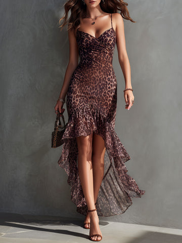 Vestido longo assimétrico de malha transparente com babados e estampa de leopardo estilo boho chic