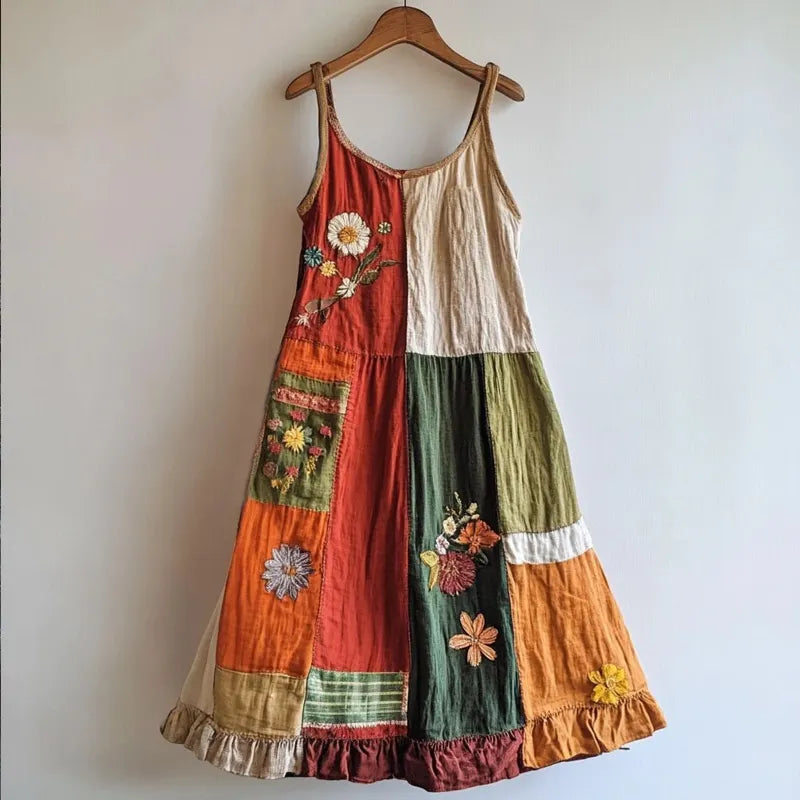 Vestido Boho Floral com Bordado e Retalhos em Mistura de Linho 0d56