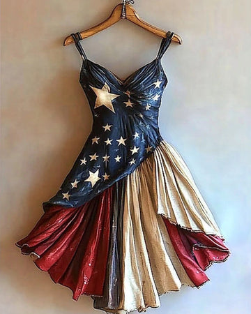 Vestido com estampa temática de Dia da Independência e detalhes dourados 54cc