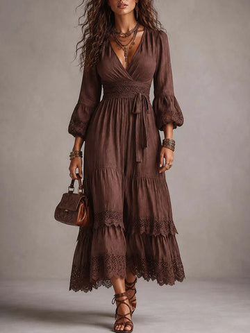 Vestido Midi Vintage de Algodão e Linho com Mangas Bufantes e Acabamento de Renda