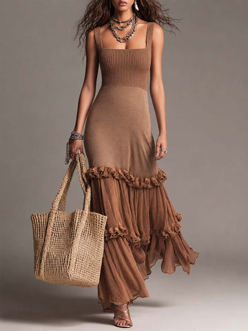 Vestido Maxi Vintage Boho de Malha Canelada com Babados de Chiffon Franzido em Camadas