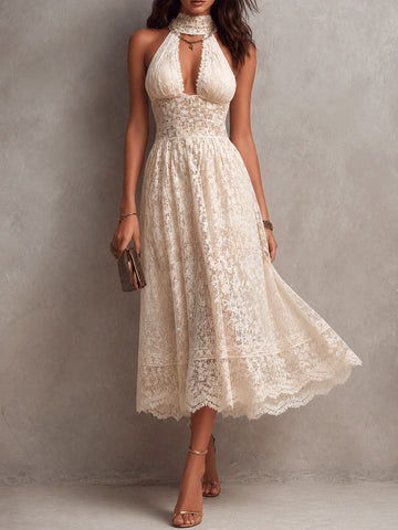 Vestido Midi Halter Boho Romântico Floral de Renda Off-White