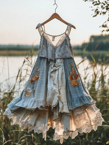 Vestido Xadrez Patchwork de Renda Feito à Mão para o Verão 9492
