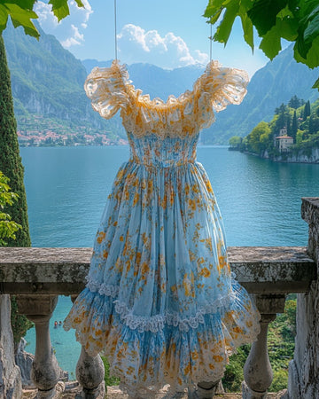 Vestido Chiffon Contraste Babado Renda Férias de Verão ecd1