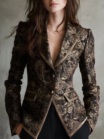 Blazer acinturado com lapelas envoltas em jacquard paisley luxuoso e discreto