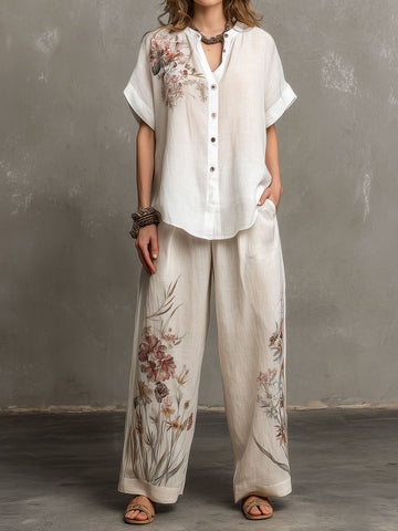 Blusa com Estampa Floral Boho e Calça Pantalona de Linho de Duas Peças