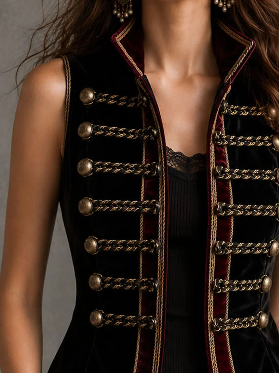 Retro Black Velvet Stand Collar Gold Braided Trim Double Breasted Waistcoat