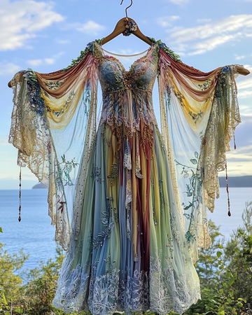 Vestido de verão com babados e renda de contraste ce4d