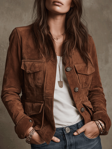 Veste utilitaire vintage en daim marron