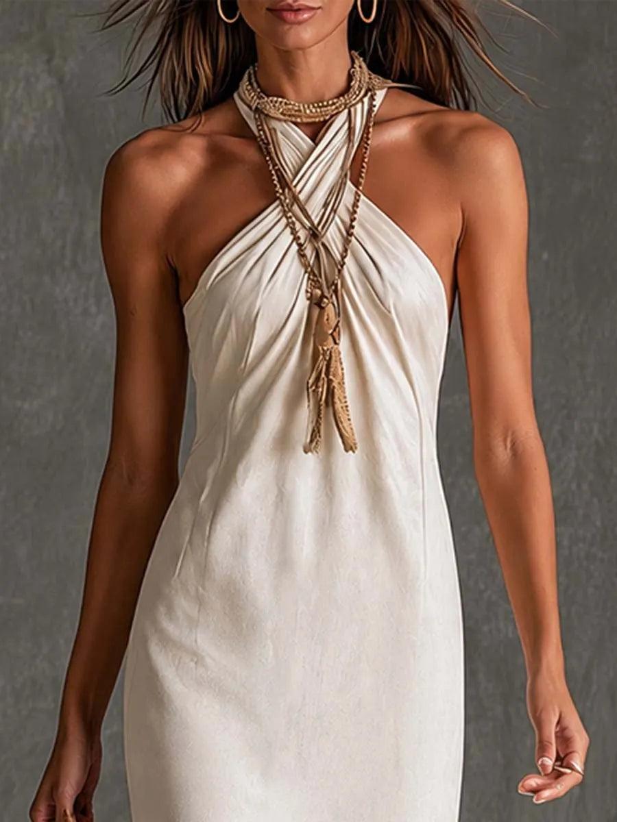 Elegant Crisscross Halter Neck Front Slit Fringe Hem Midi Dress