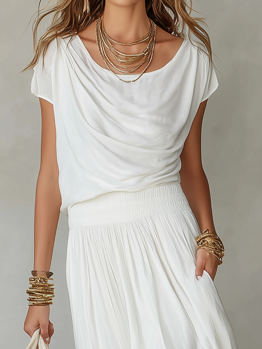 Ensemble top drapé classique et jupe longue fluide