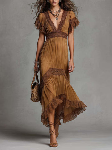 Vestido Midi Chiffon Boho com Renda, Manga de Babado e Barra Assimétrica
