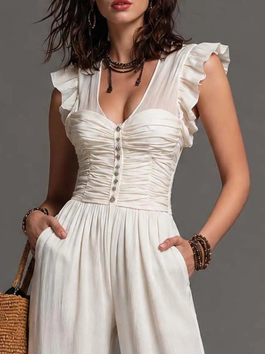 Combinaison pantalon corset volantée ample en mélange de coton et de lin froissé blanc