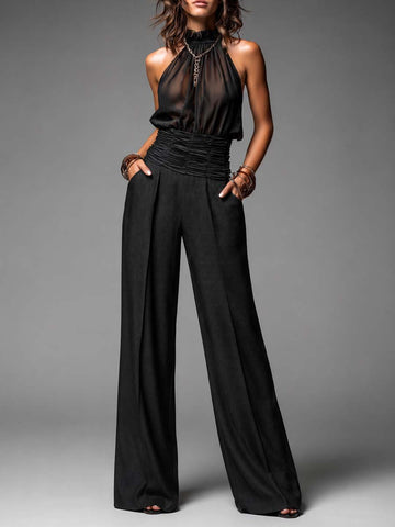 Conjunto de Top Halter de Chiffon Transparente Preto e Calças Pantalona Texturizadas