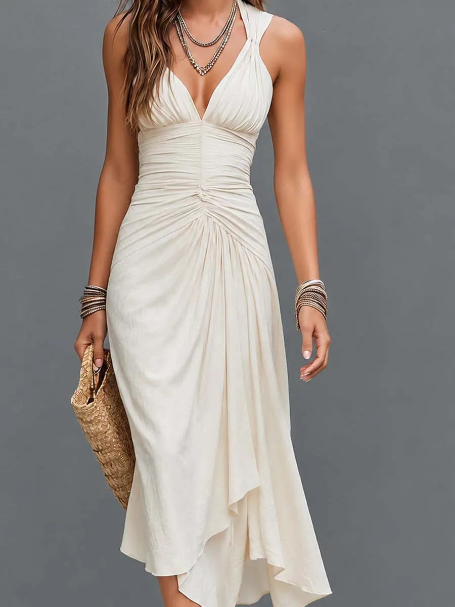 Robe midi asymétrique dos nu avec décolleté en V profond et fronces style bohème