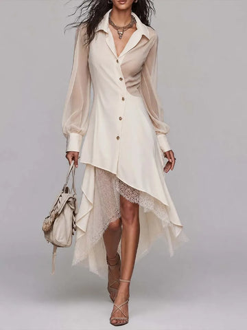 Vestido Midi Camisa Elegante com Gola Lapela, Mangas Bufantes Transparentes, Botões Frontais e Camada de Renda na Bainha Assimétrica