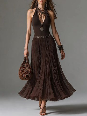 Boho Halter-neck Pleated Chiffon Maxi Dress With Belt