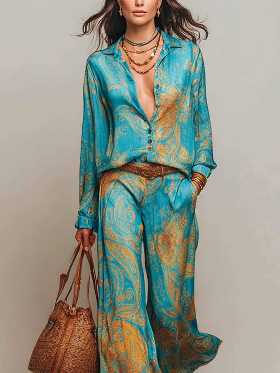Ensemble brillant motif cachemire bleu et or
