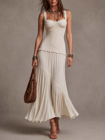 Vestido Longo de Tricô Boêmio com Detalhe Franzido e Creme